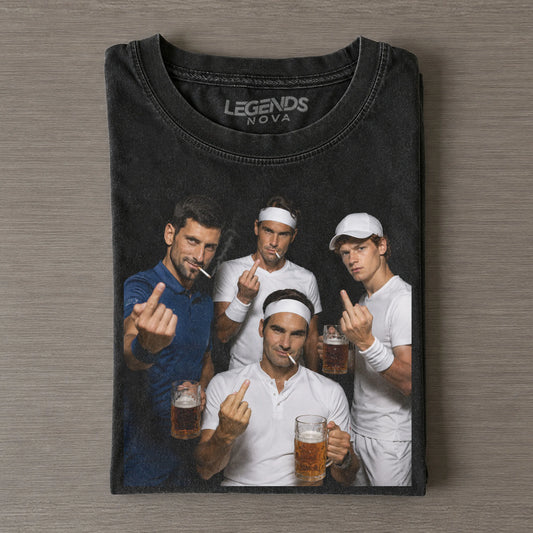Roger Federer & Rafael Nadal & Novak Djokovic & Jannik Sinner Tennis legend graphic T-shirt